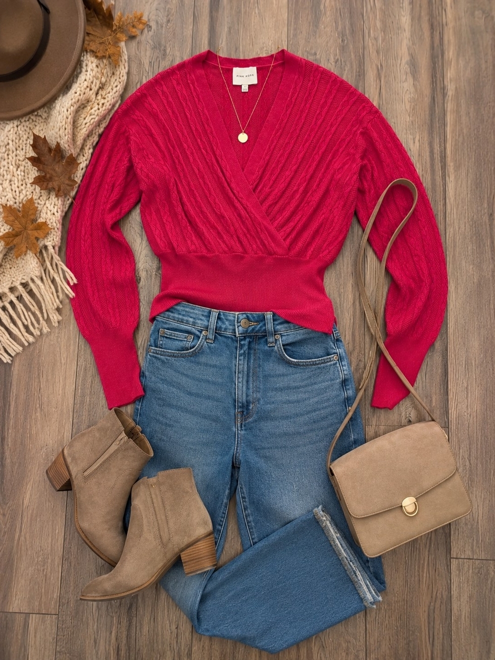 Pink Rose - Fuchsia Wrap V-Neck Sweater